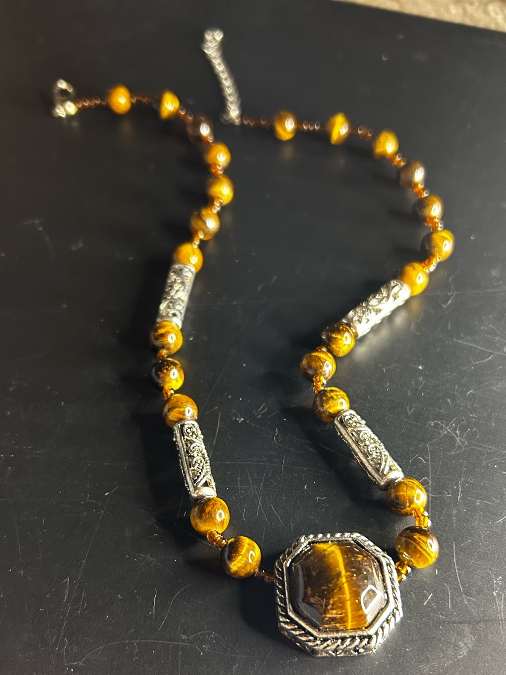 Tiger Eye Beaded Necklace with Silver Filigree Accents